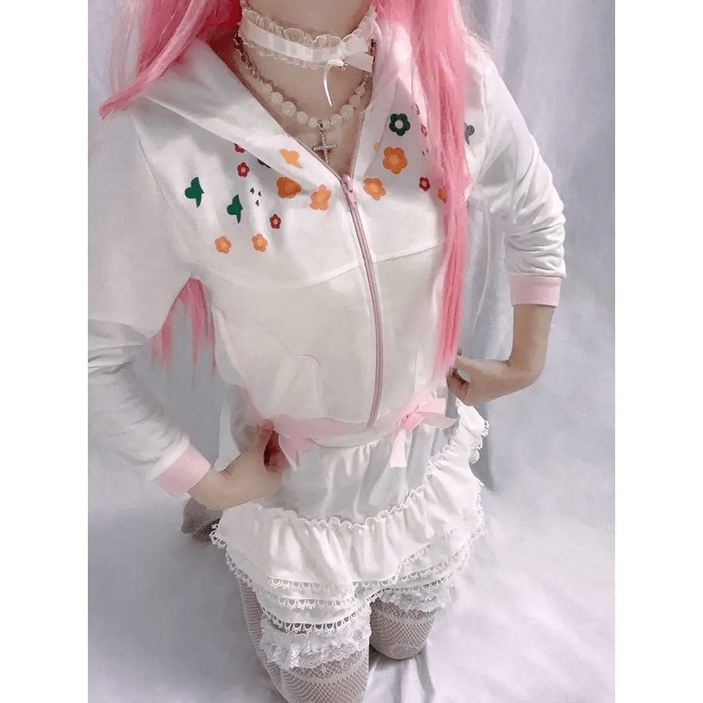 Y2K White Floral Zip Up Jacket with Hooded Design - Cosparty