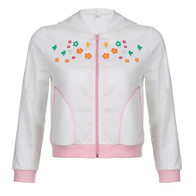 Y2K White Floral Zip Up Jacket with Hooded Design - Cosparty
