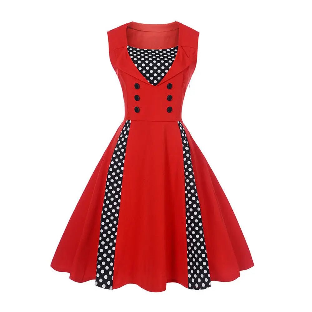1950's Red Polkadot Pinup Girl Dress with Flowing Skirt and Vested Front - Cosparty