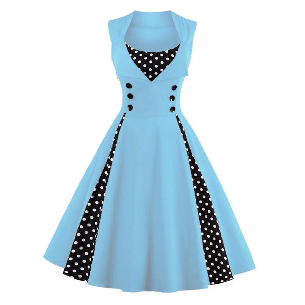 1950's Red Polkadot Pinup Girl Dress with Flowing Skirt and Vested Front - Cosparty