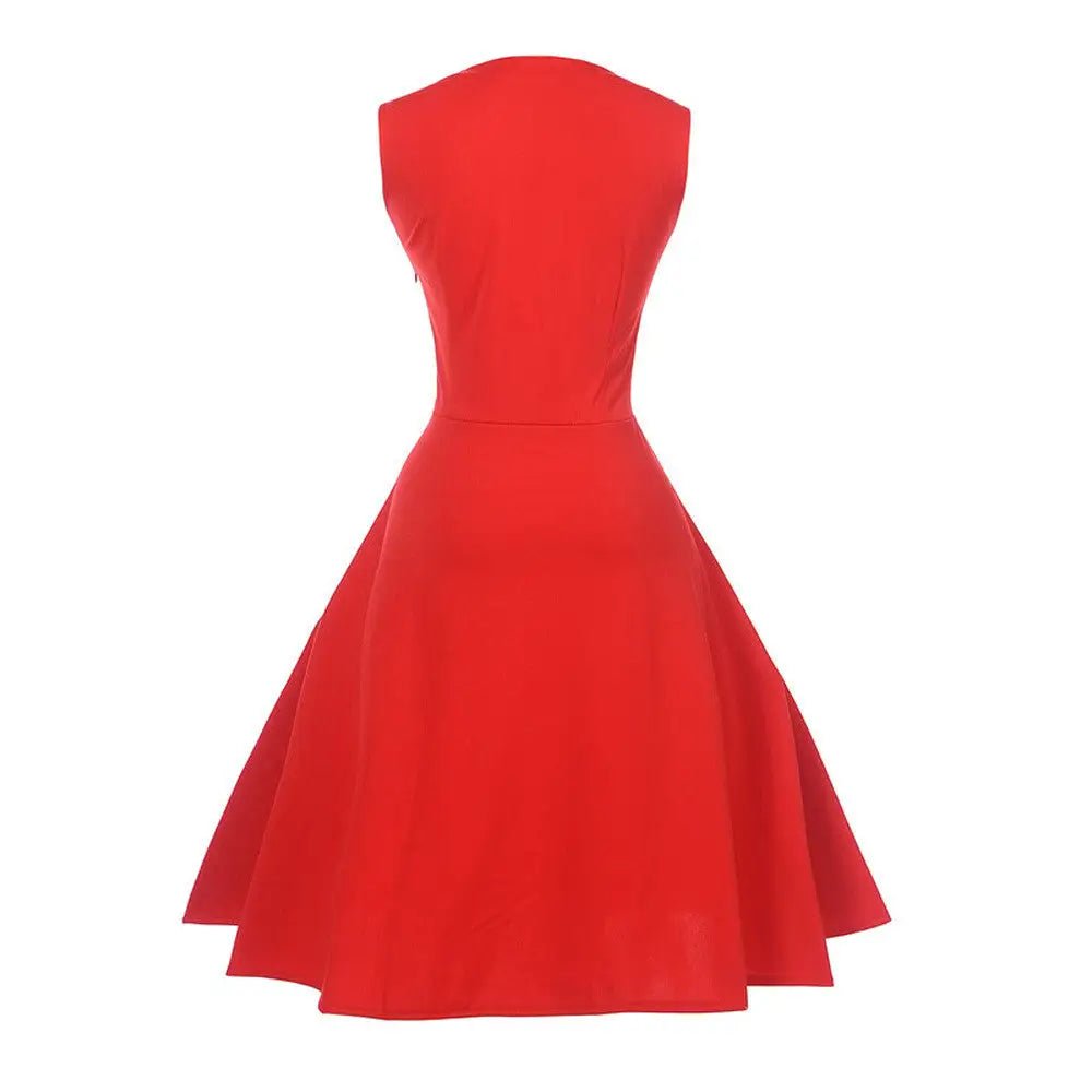 1950's Red Polkadot Pinup Girl Dress with Flowing Skirt and Vested Front - Cosparty