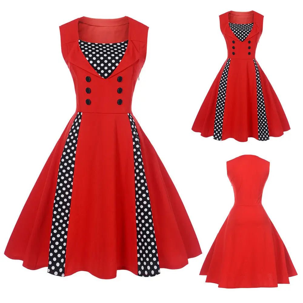 1950's Red Polkadot Pinup Girl Dress with Flowing Skirt and Vested Front - Cosparty