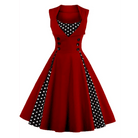 1950's Red Polkadot Pinup Girl Dress with Flowing Skirt and Vested Front - Cosparty