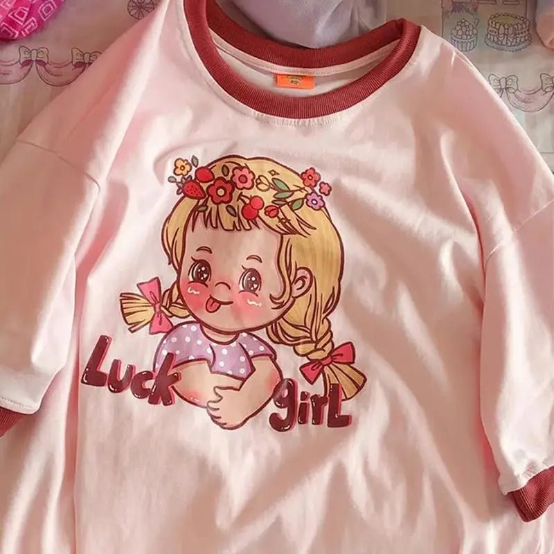 1970s Vintage Inspired Luck Girl T-Shirt in Pink and Red 45 cm - Cosparty