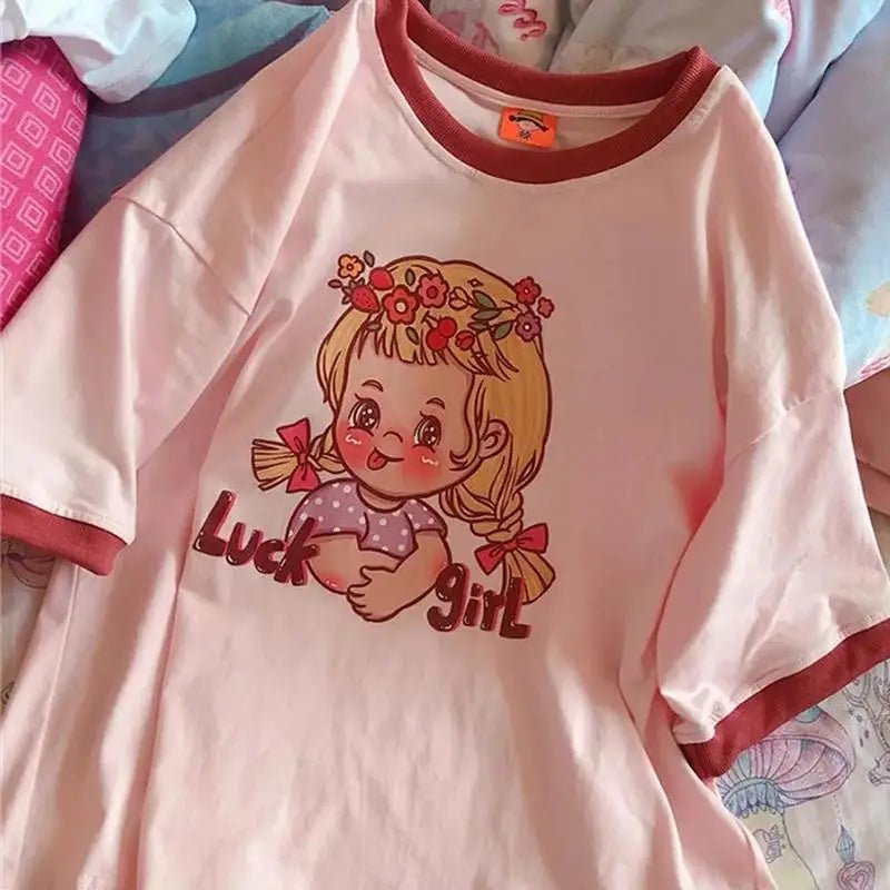 1970s Vintage Inspired Luck Girl T-Shirt in Pink and Red 45 cm - Cosparty