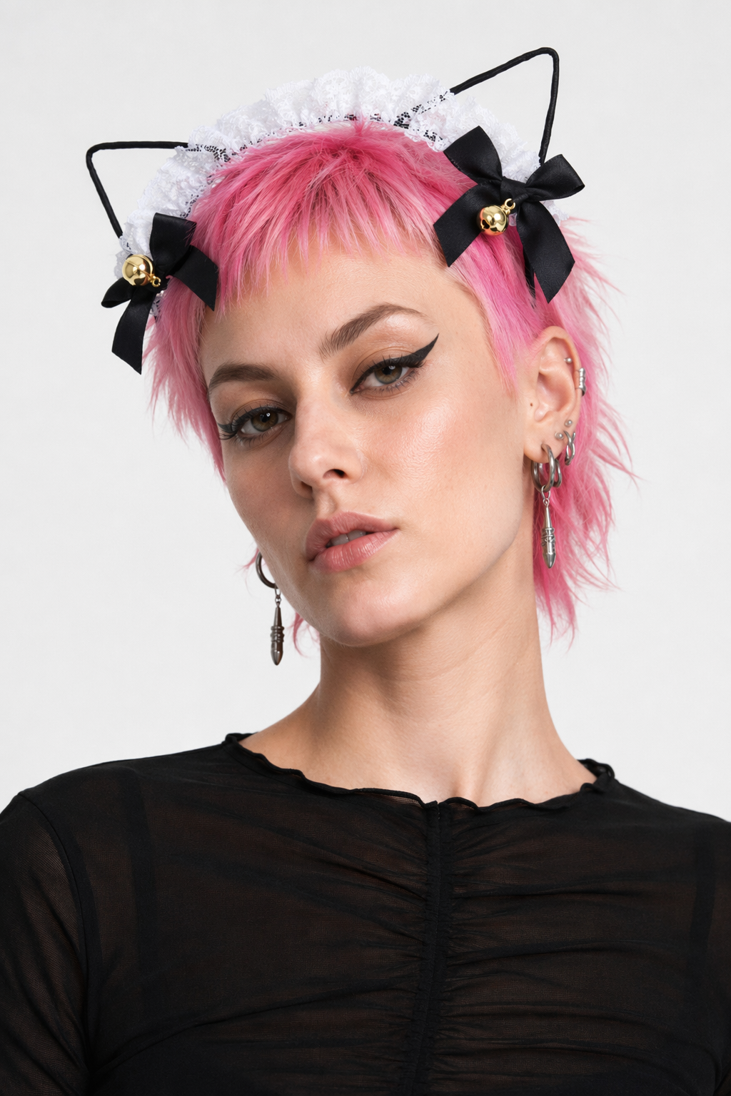 Cute Cat Ear Headband with Gold Bells and Lace Embellishments White