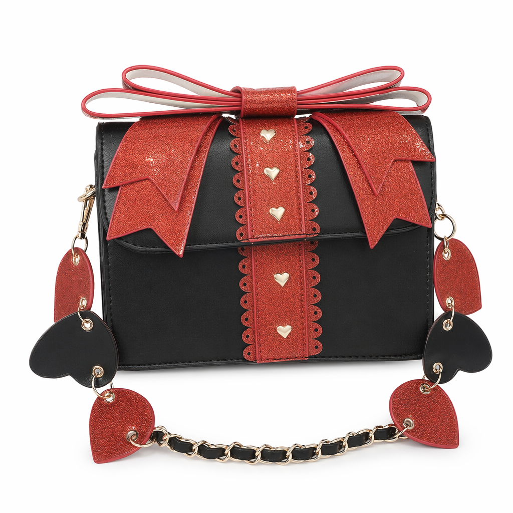 Glittery Lolita Gift Handbag Shaped Like a Present With Bow Black