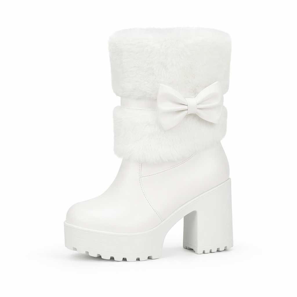 Pastel Vegan Fur Boots with Chunky Block Heel White