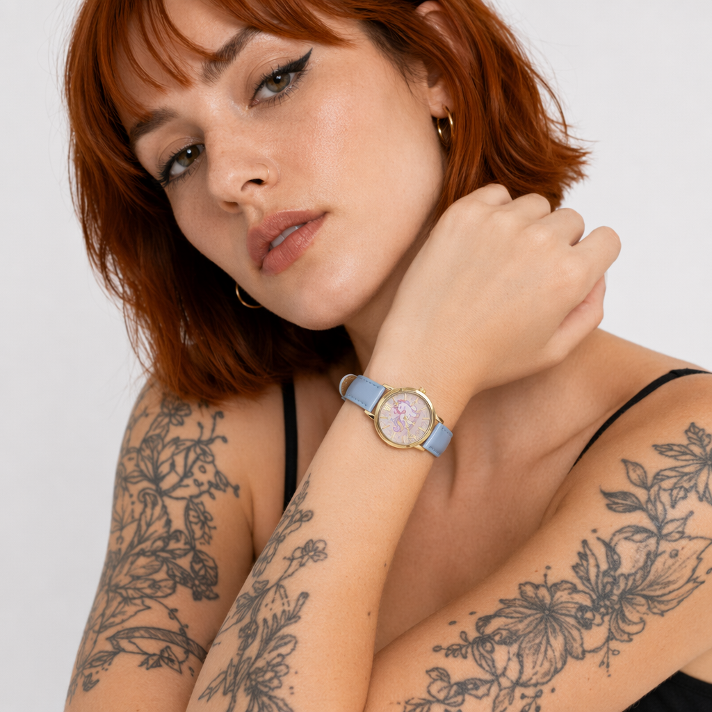 Magical Unicorn Wrist Watch with Gold Plated Hardware and Vegan Leather Blue