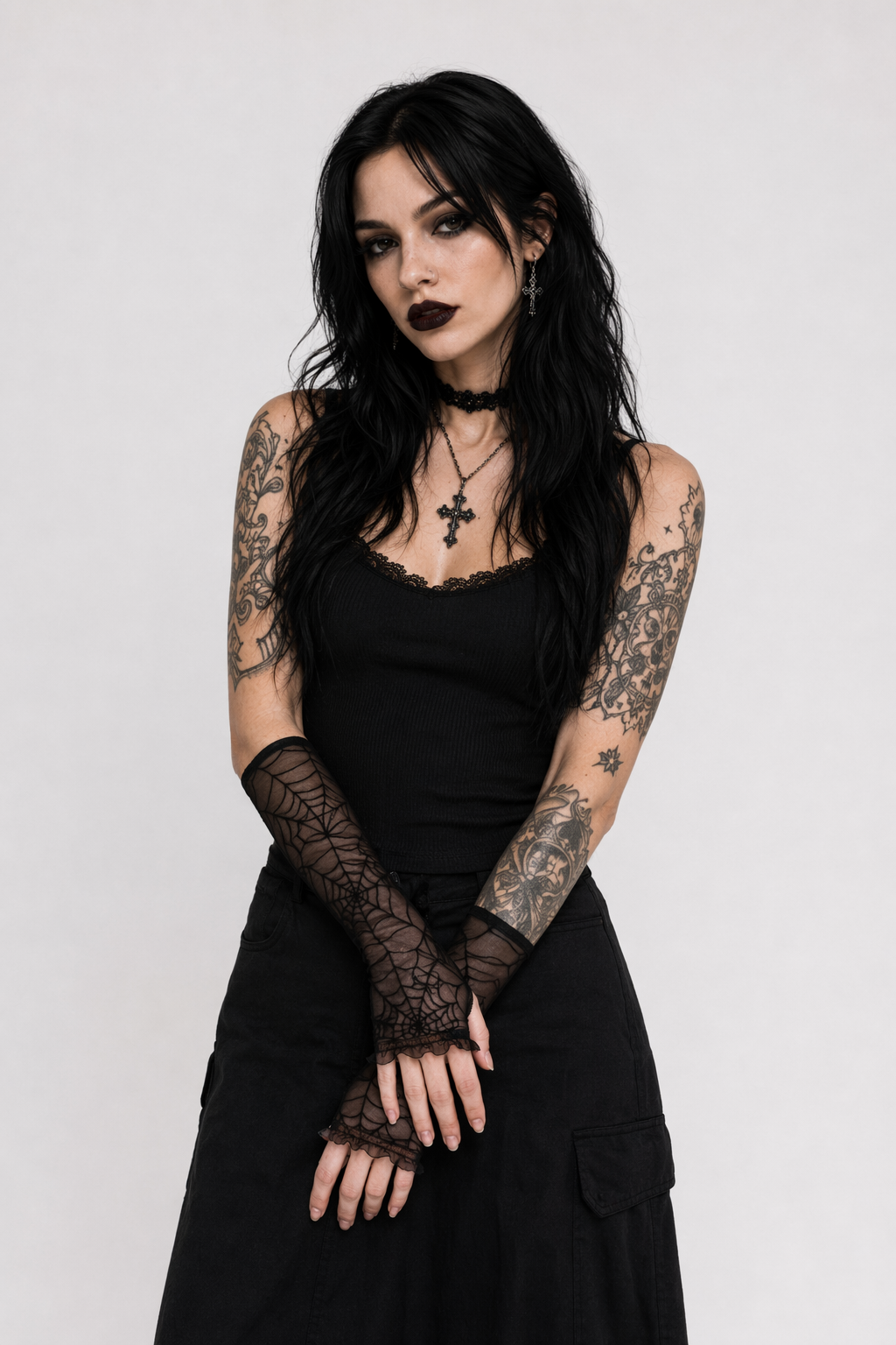 Creepy Cute Spider Web Fishnet Gloves for Gothic Styling Black with Sequins