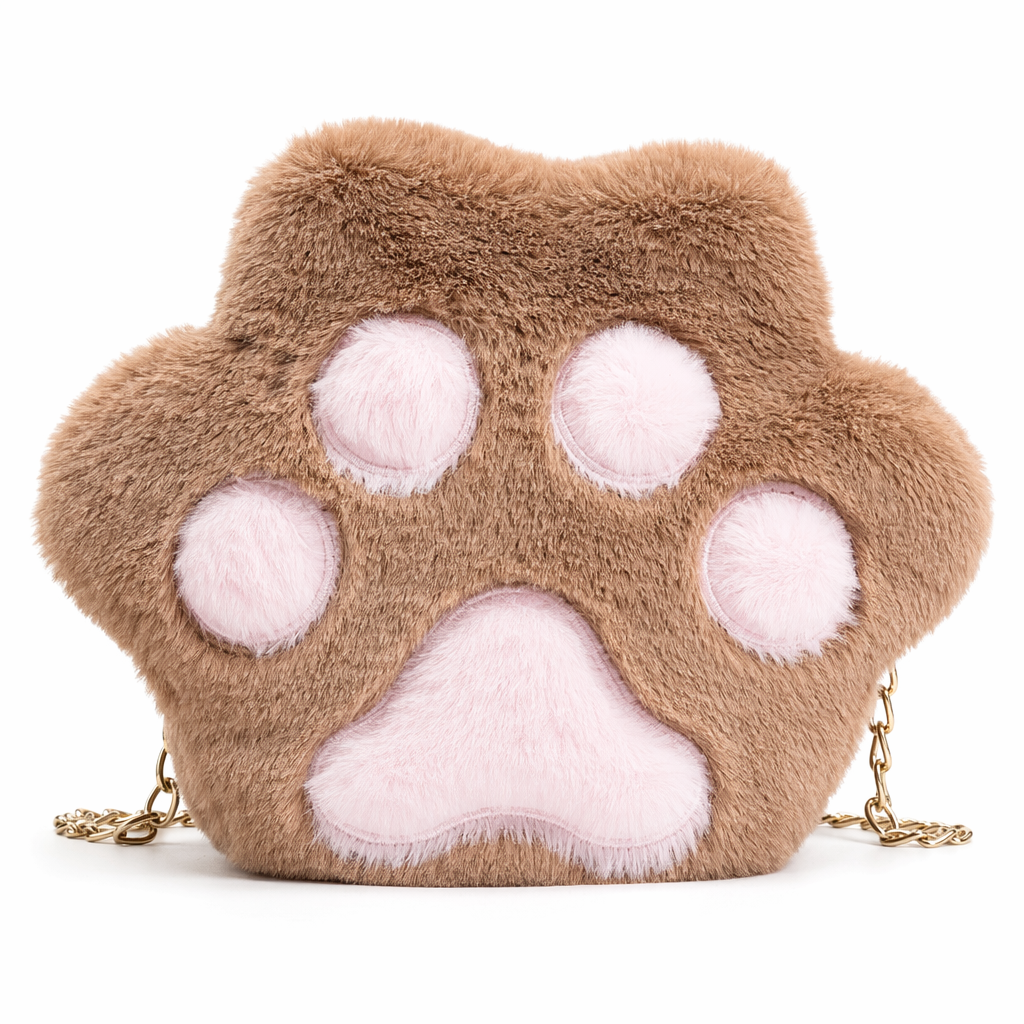 Adorable Furry Kitty Cat Paw Handbag in Vegan Fur Brown