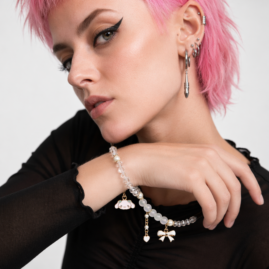 Kawaii Beaded Bracelets Inspired by Sanrio Characters White Bead Cinna
