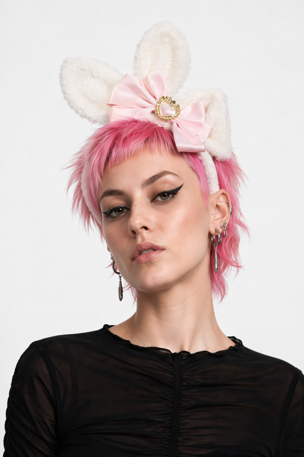 Luxurious Bunny Ears Headband with Satin Ribbons and Jewels Baby Pink