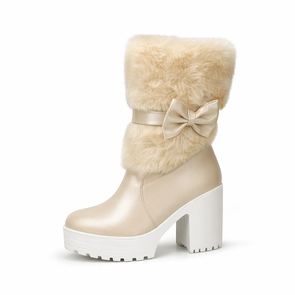 Pastel Vegan Fur Boots with Chunky Block Heel Beige