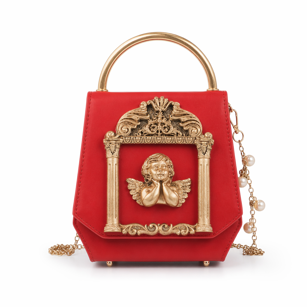 Luxury Vintage Victorian Angel Handbag with Cherub Design Red