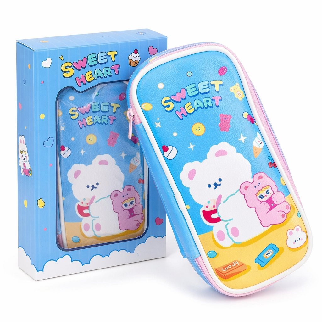 Vibrant Kawaii Bunny Bear Puppy Pencil Case or Makeup Bag Blue Sweet Heart
