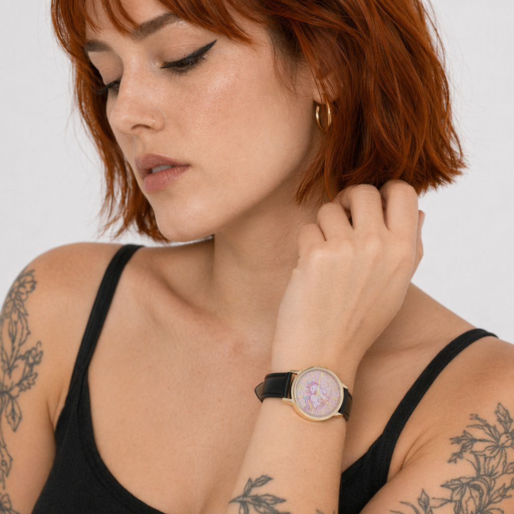 Magical Unicorn Wrist Watch with Gold Plated Hardware and Vegan Leather Black
