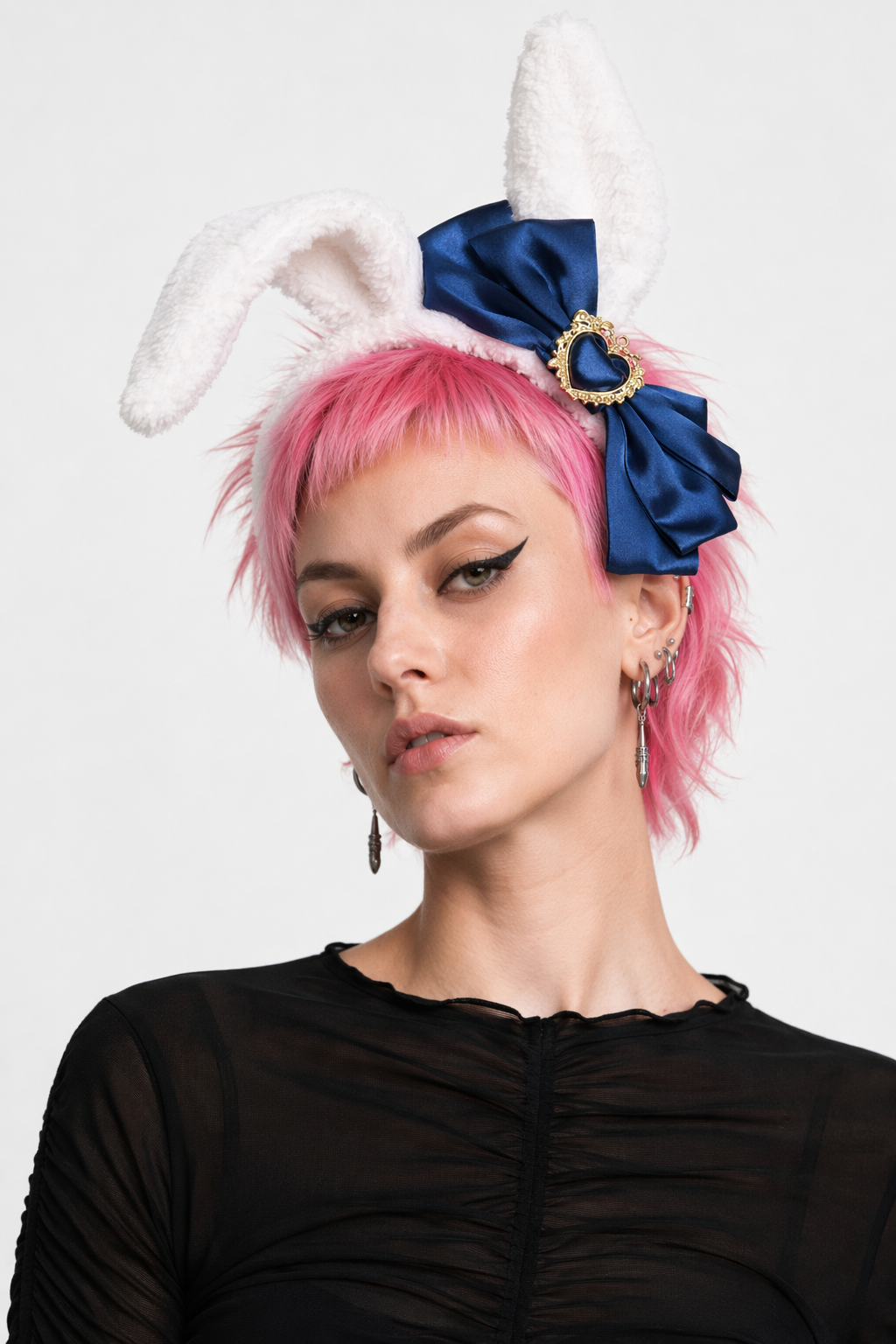 Luxurious Bunny Ears Headband with Satin Ribbons and Jewels Dark Blue