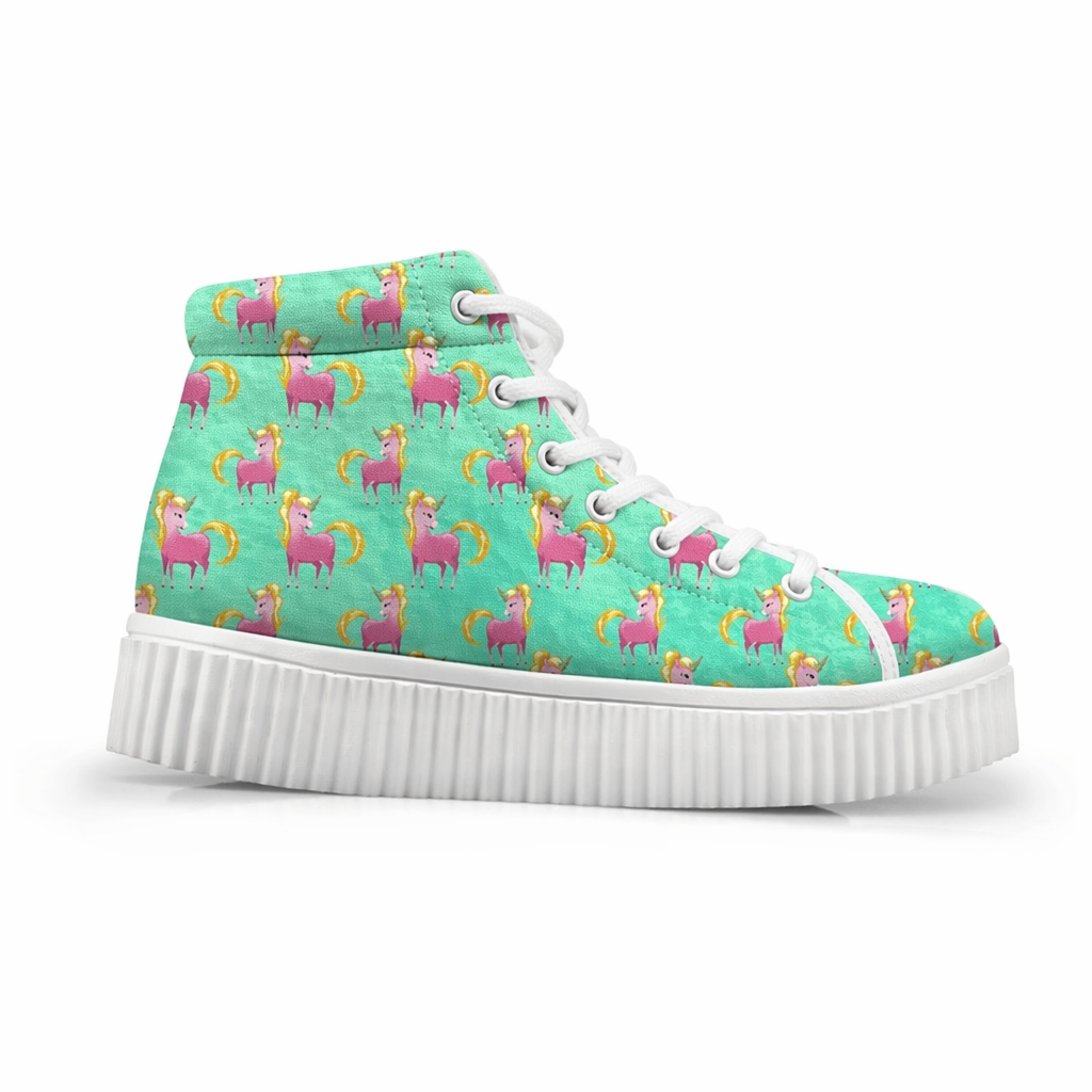 Canvas Hi Top Unicorn Pattern Shoes with Comfortable Wedge Heel Green Unicorn