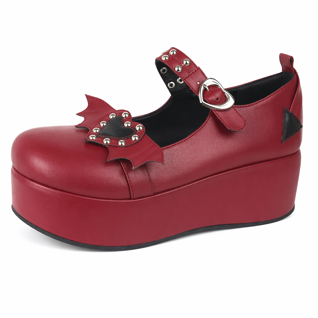 Babydoll Platform Wedge Mary Jane Shoes with Heart Buckle Red Winged Heart