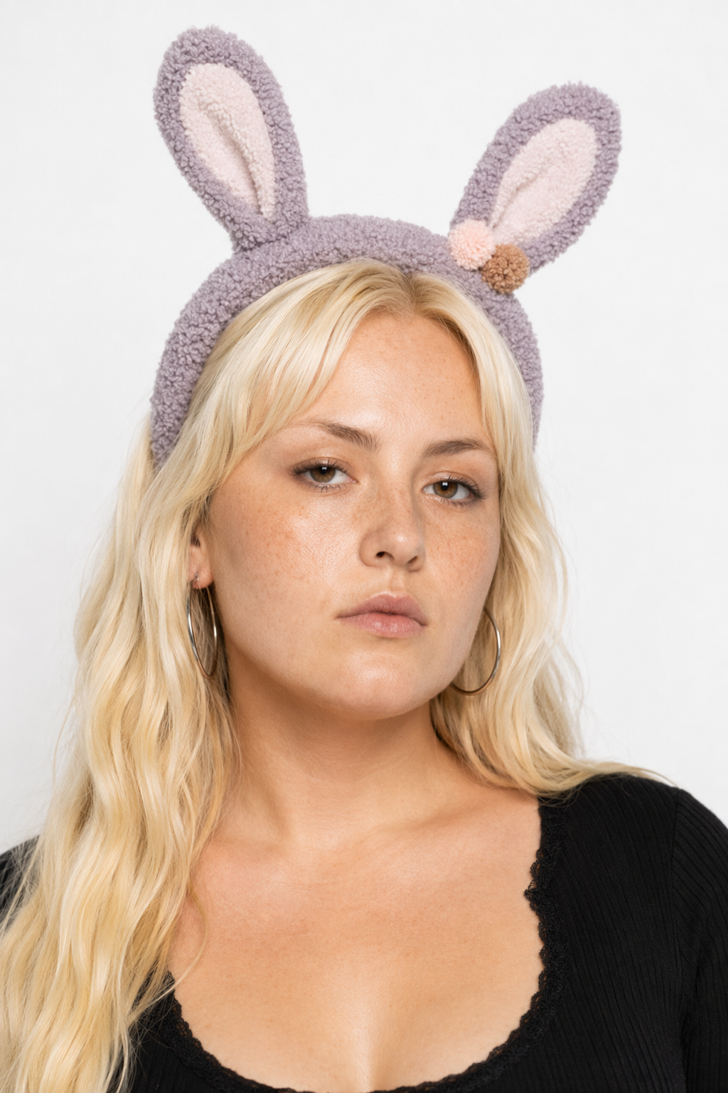 Fluffy Bunny-Eared Headband with Cute Pom Poms Gray