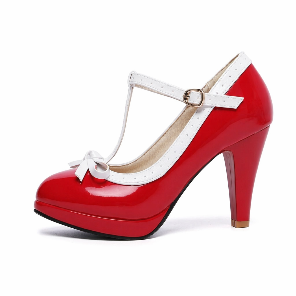 Sweet Lolita Heels with Lace Trim and Bow in Toe Version Red T-Bar