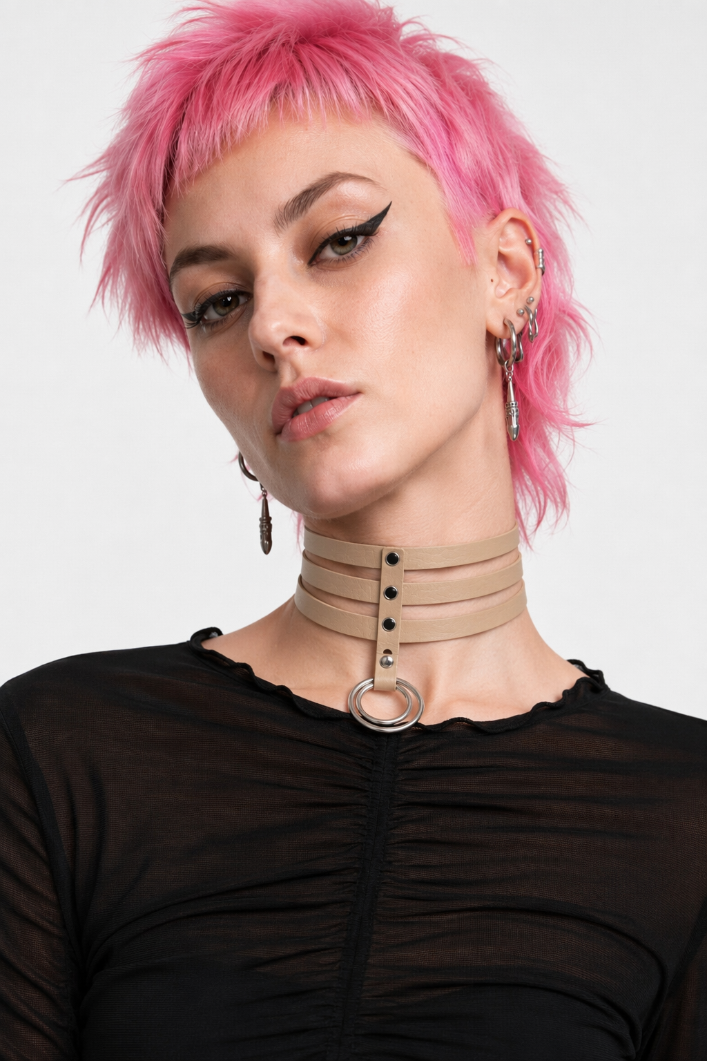 Vegan Leather High Elongated Collar with Built-in O-Ring Hook Nude