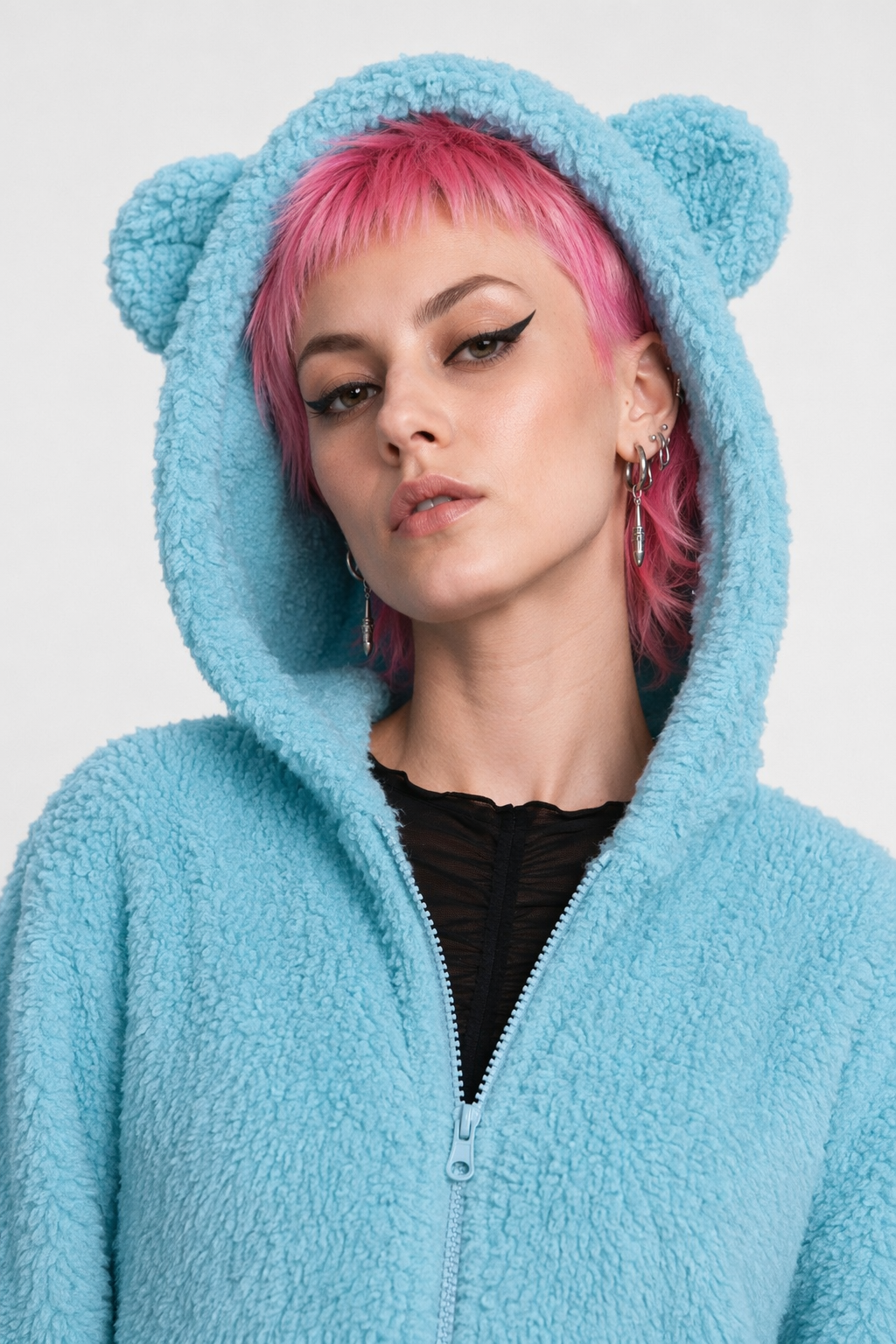 Adorable Vegan Fur Baby Bear Zippered Onesie with Ears Sky Blue
