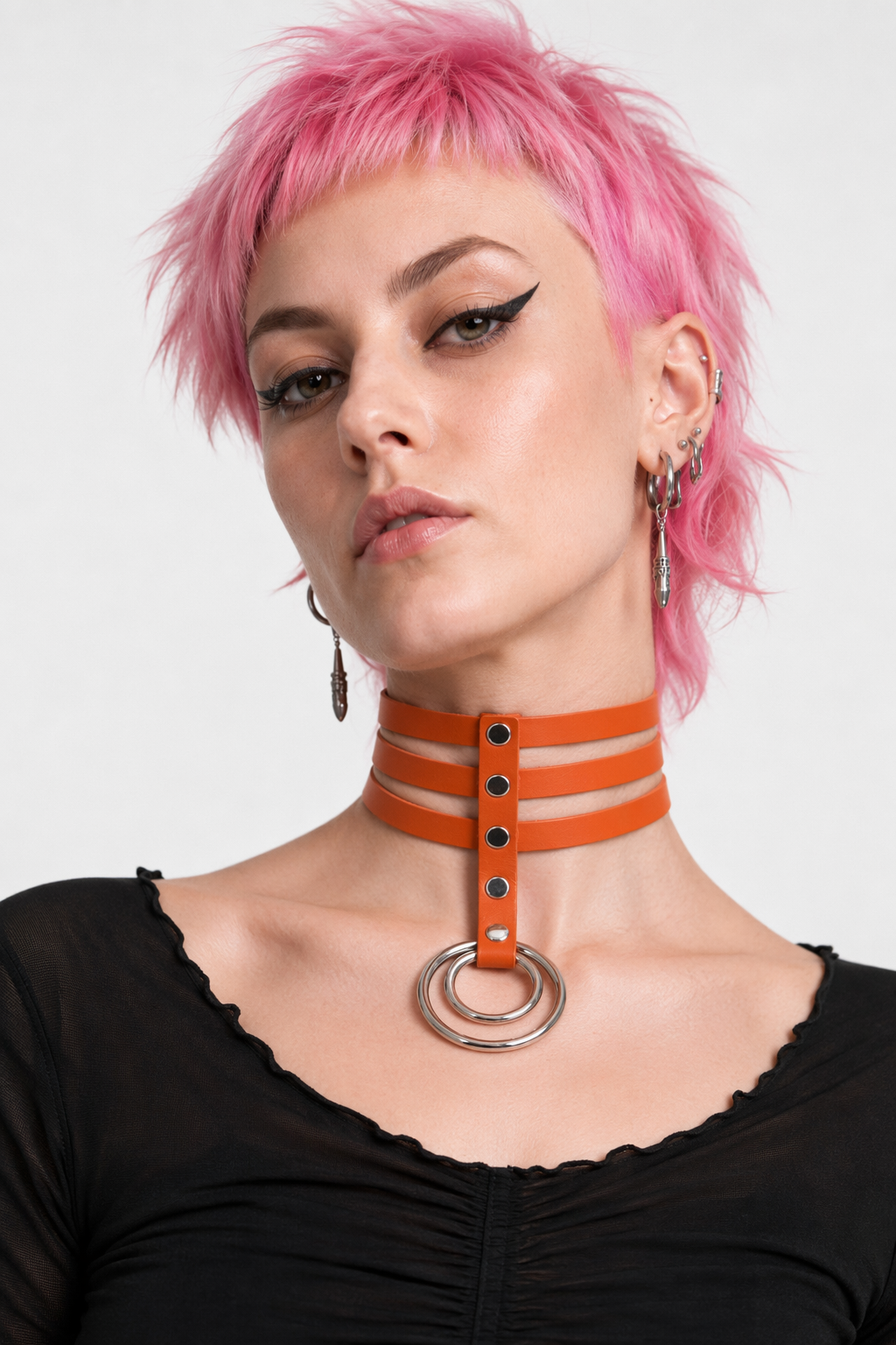Vegan Leather High Elongated Collar with Built-in O-Ring Hook Orange
