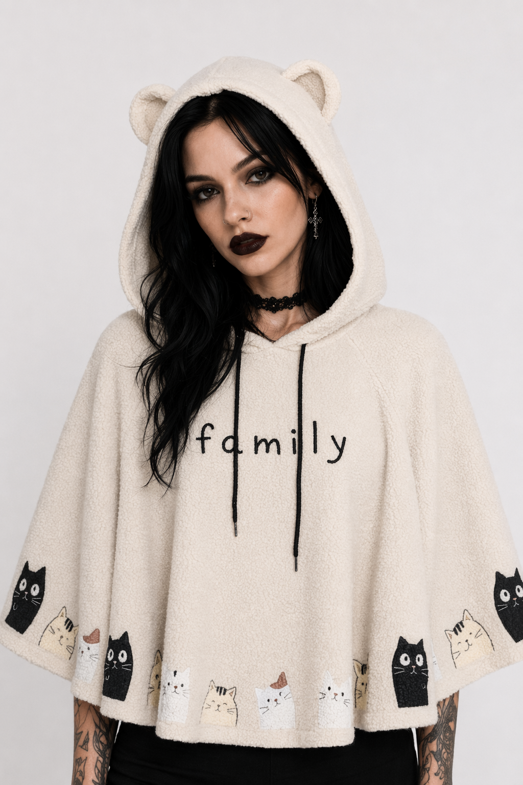 Cat Family Poncho Cape with Bear Ears for Kawaii Fashion Lovers Beige
