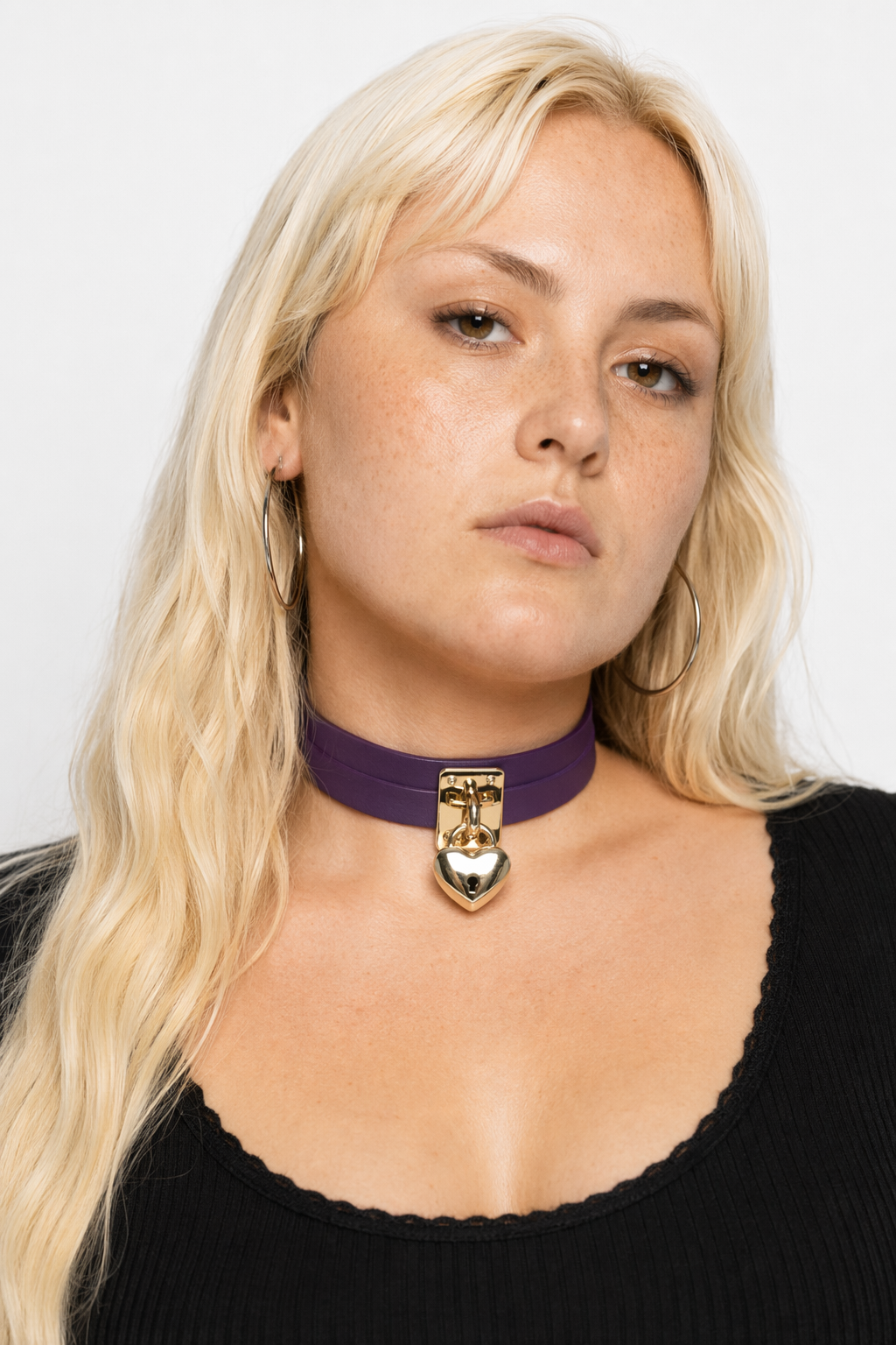 High Quality Vegan Leather Heart Locket Choker in Gold Purple