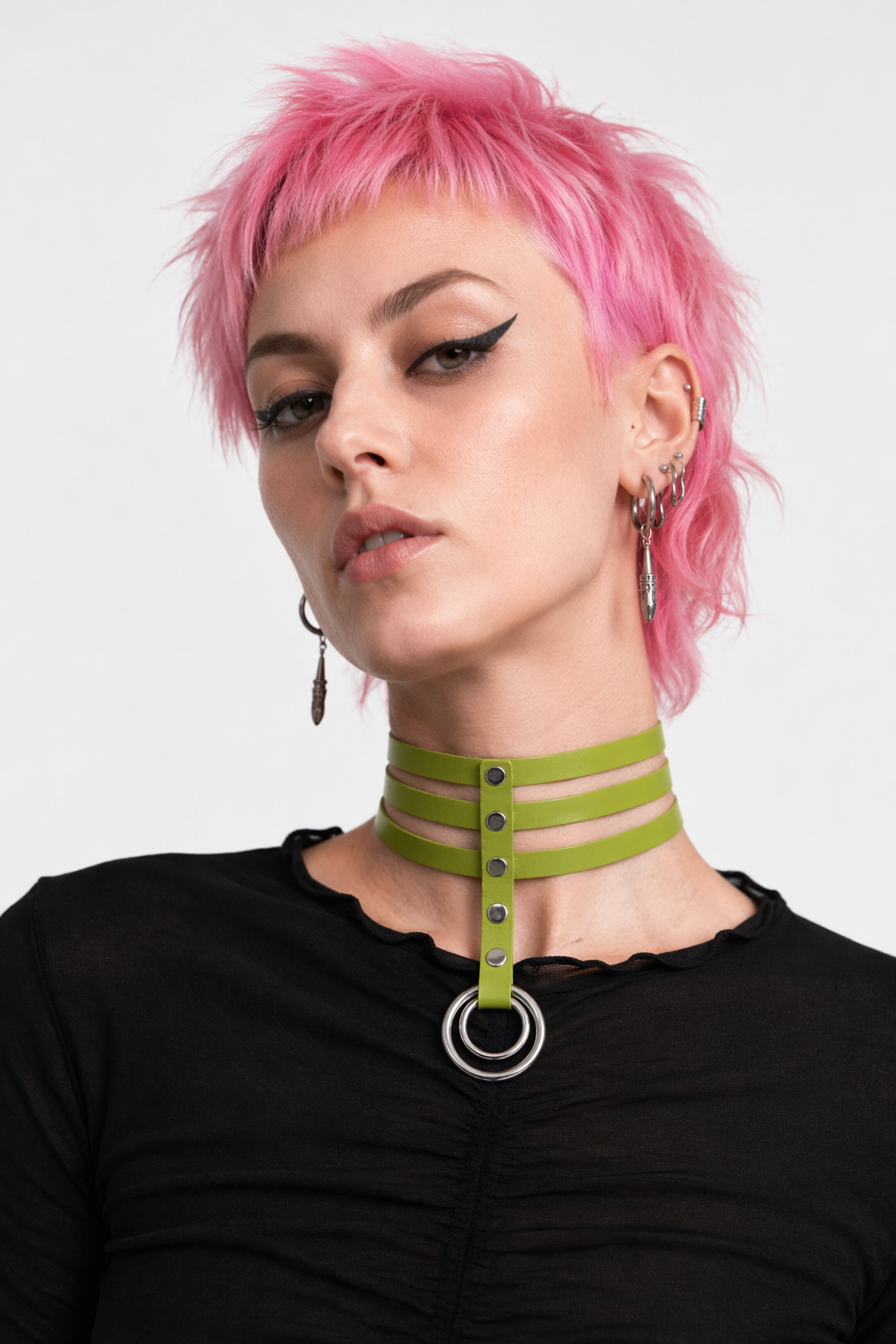 Vegan Leather High Elongated Collar with Built-in O-Ring Hook Green