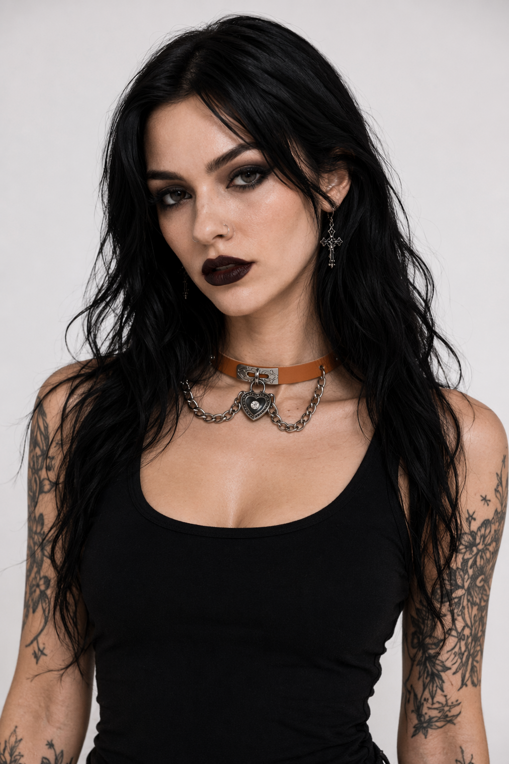 Gothic Victorian Vegan Leather Choker with Heart Locket and Chains Tan