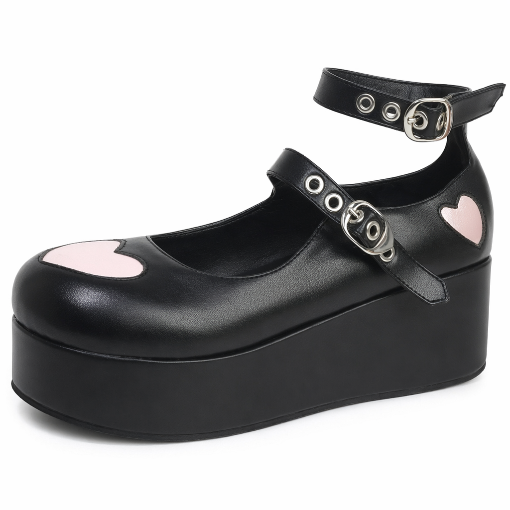 Babydoll Platform Wedge Mary Jane Shoes with Heart Buckle Black Matte Big Heart