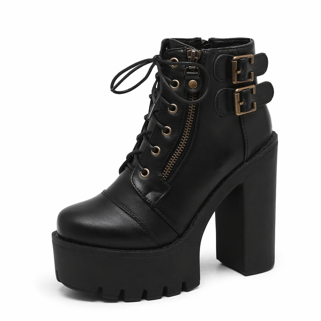 Edgy Punk Rock Chunky Block Heeled Booties for Fit Feet 7