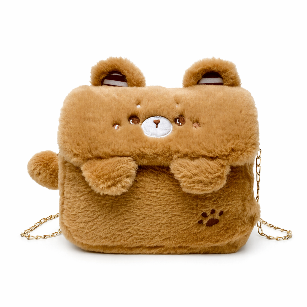 Baby Bear Fur Handbag with Cute Embroidered Teddy Bear Face Brown