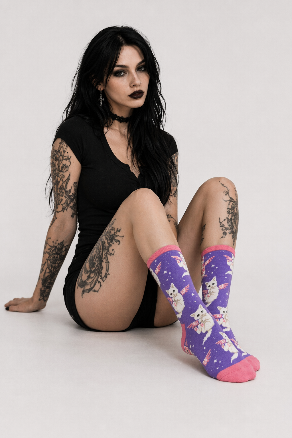 Vibrant Angel Kitten Socks for Kawaii Fashion Lovers Purple Flying Kitten