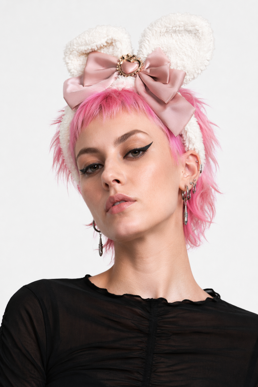 Luxurious Bunny Ears Headband with Satin Ribbons and Jewels Dusty Rose