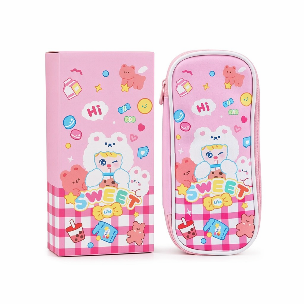 Vibrant Kawaii Bunny Bear Puppy Pencil Case or Makeup Bag Pink Sweet