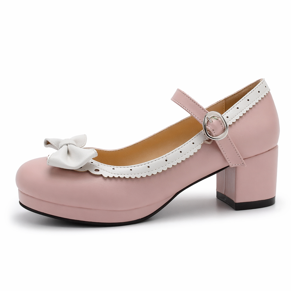 Sweet Lolita Heels with Lace Trim and Bow in Toe Version Pink