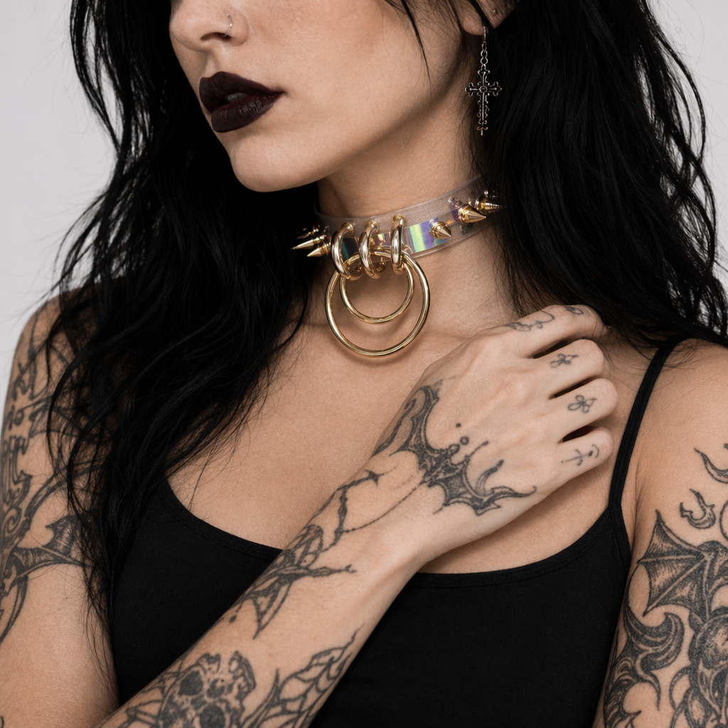 Punk Rock Clear Choker with Spiked Metal Detail and O-Ring Hooks Default