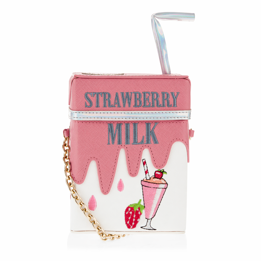 Strawberry Milk Purse with Gold Hardware and Hand Embroidery Strawberry Milk