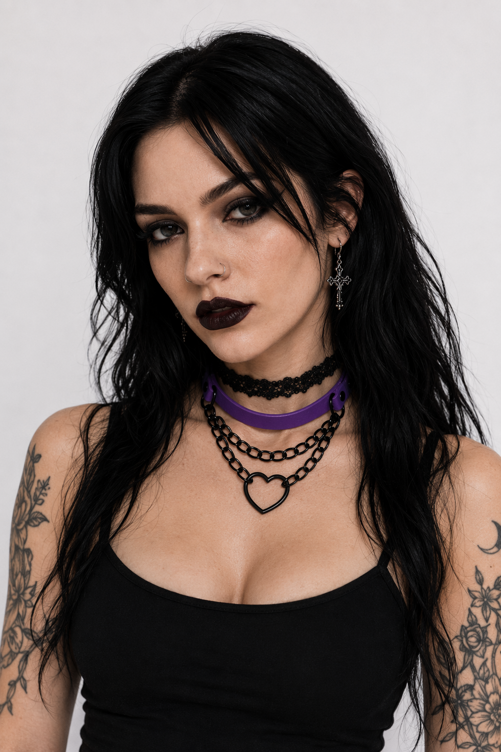 Chained Heart Choker Necklace in Thick Vegan Leather Purple