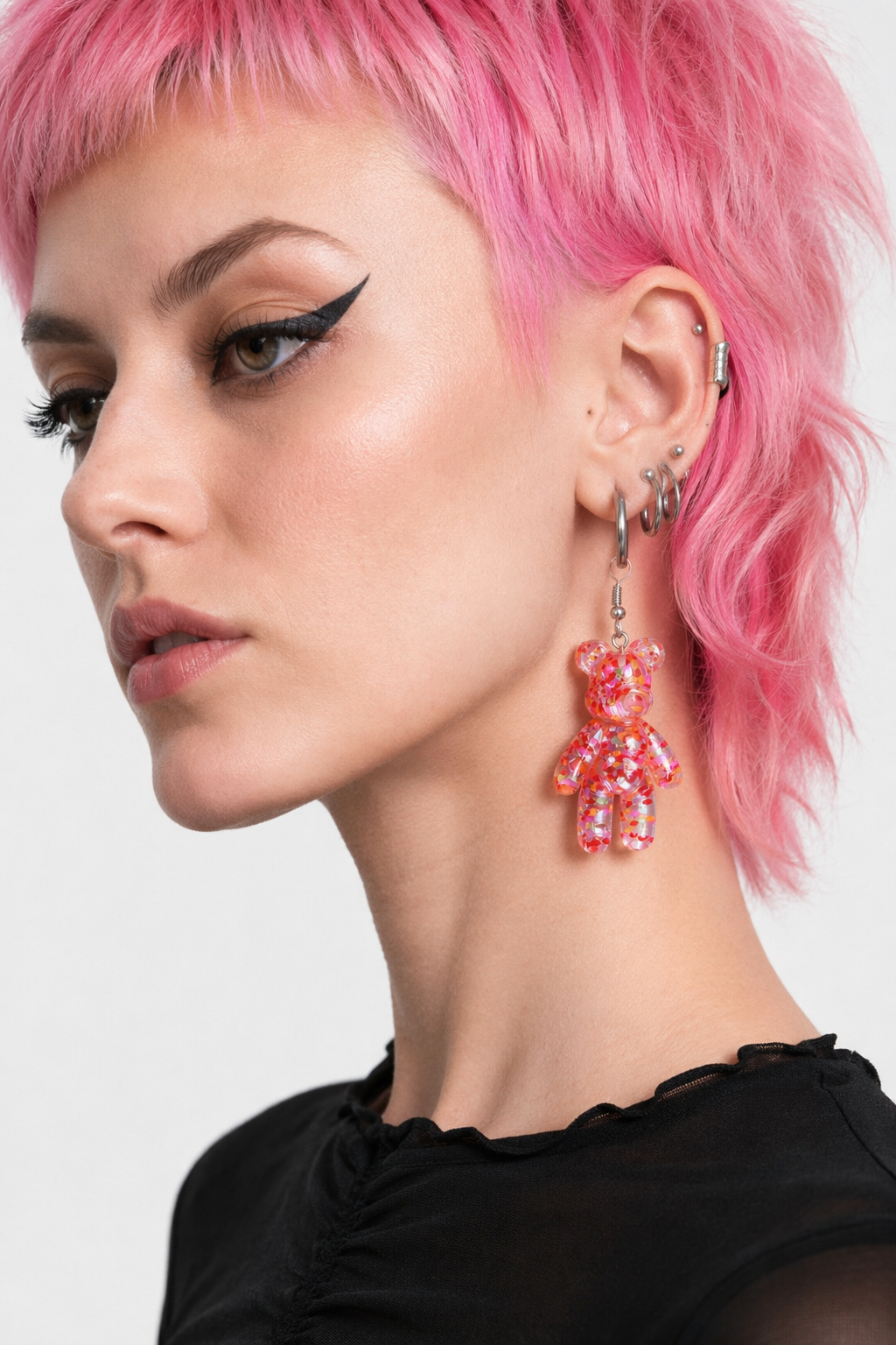 Kawaii Large Bear Earrings in Bright Glittery Colors Red