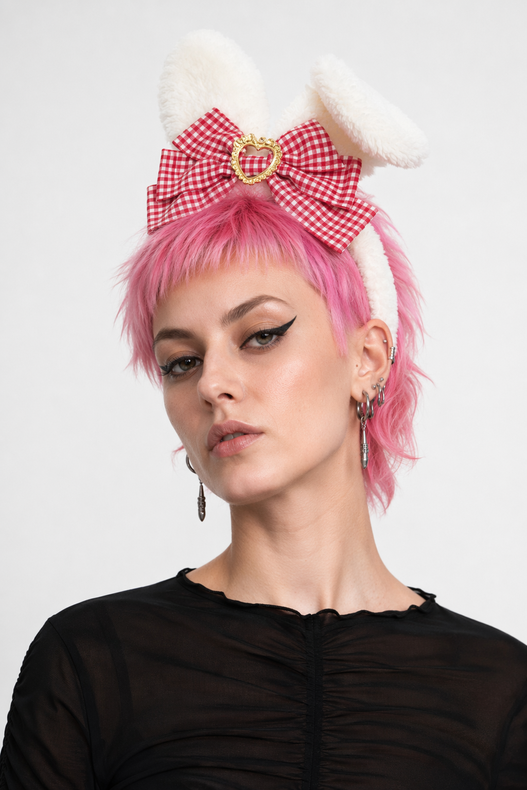 Luxurious Bunny Ears Headband with Satin Ribbons and Jewels Red Plaid