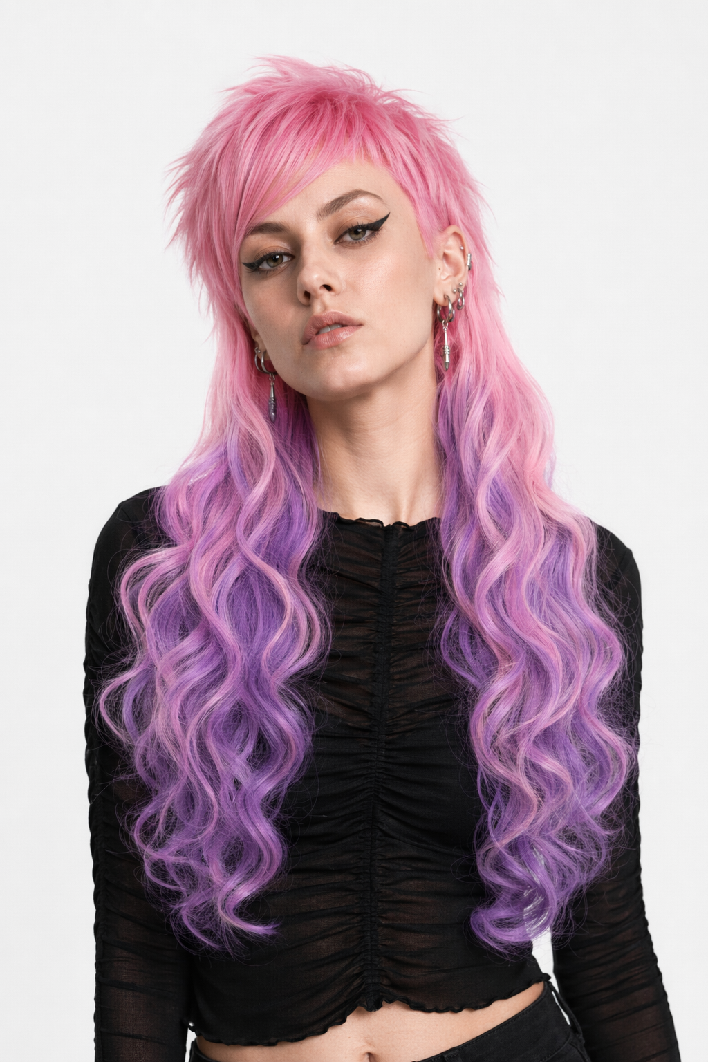 Stunning Long Cosplay Wig with Soft Fringe in Stylish Colors Curly Pink Purple