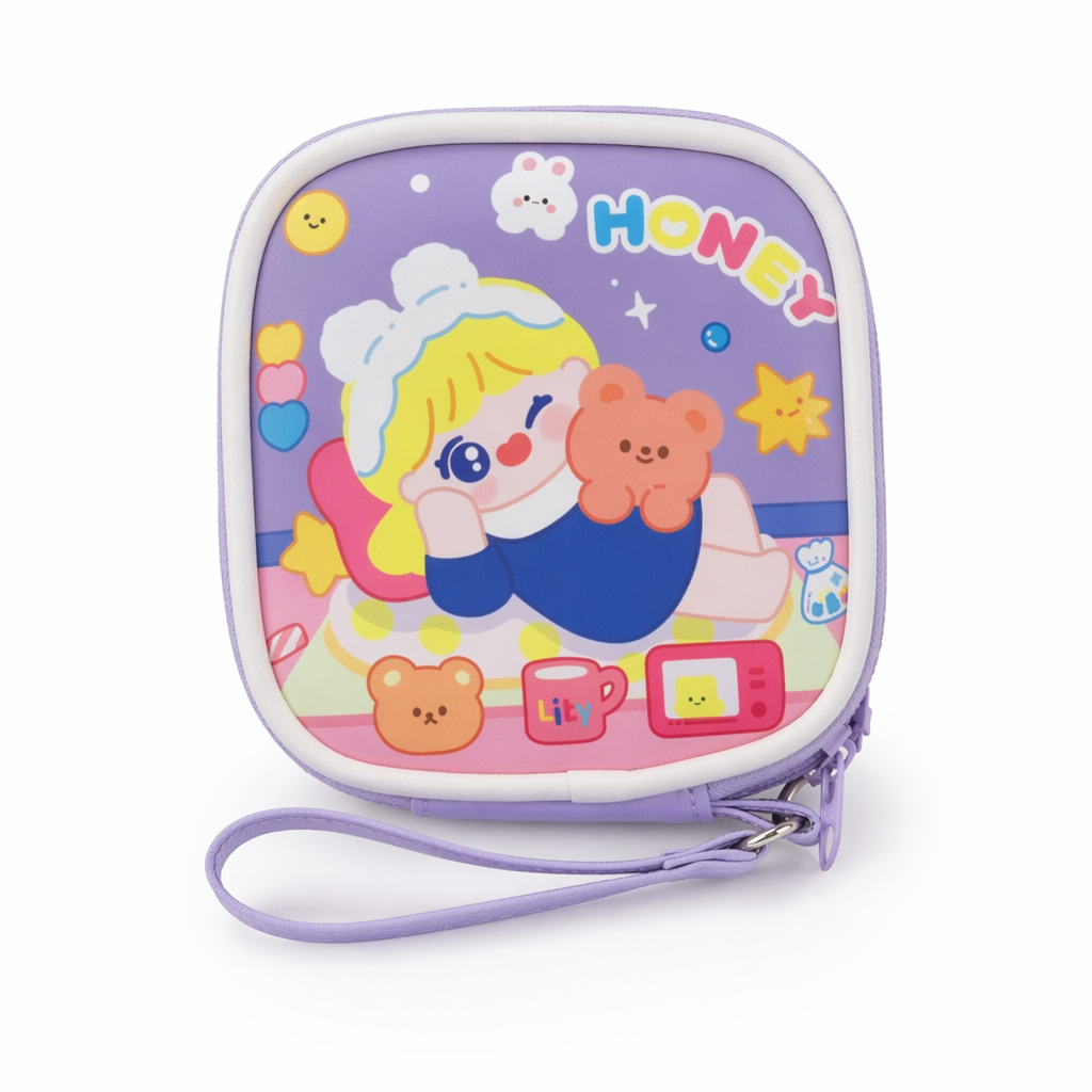 Bold Kawaii Patterned Pouch for Cords and Chargers Purple Honey Girl