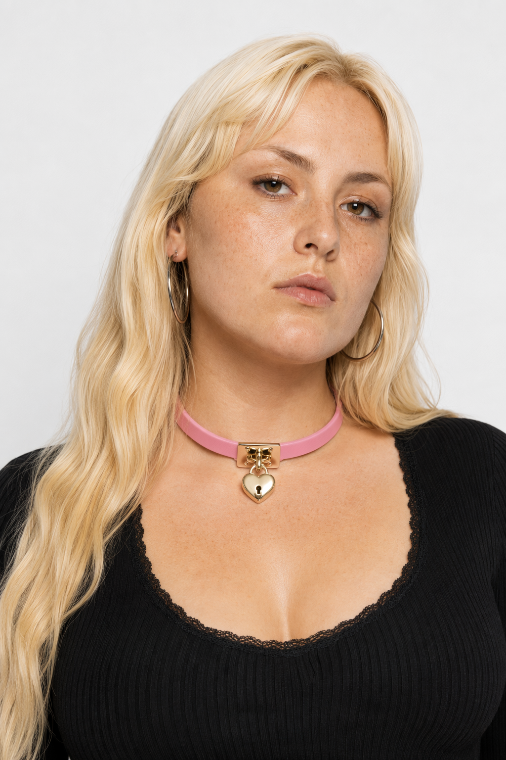 High Quality Vegan Leather Heart Locket Choker in Gold Pink