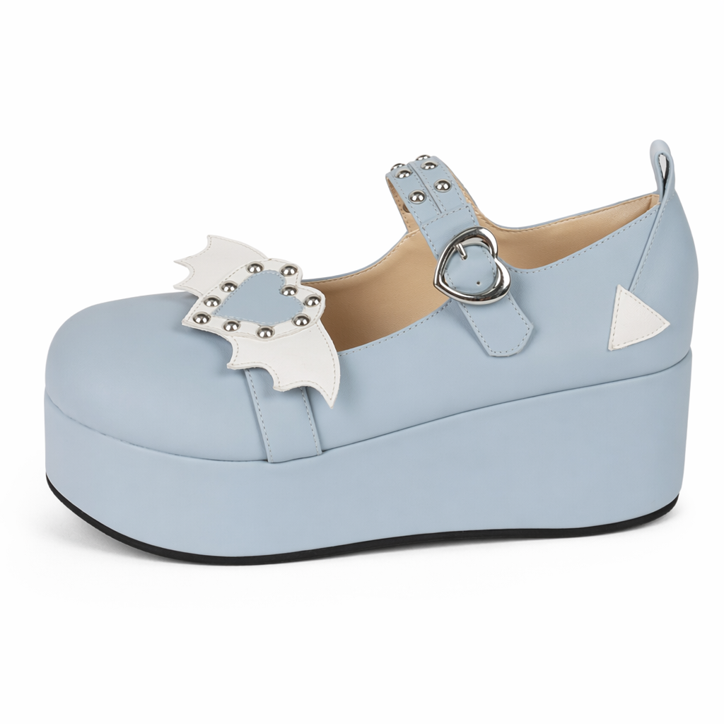Babydoll Platform Wedge Mary Jane Shoes with Heart Buckle Blue Winged Heart
