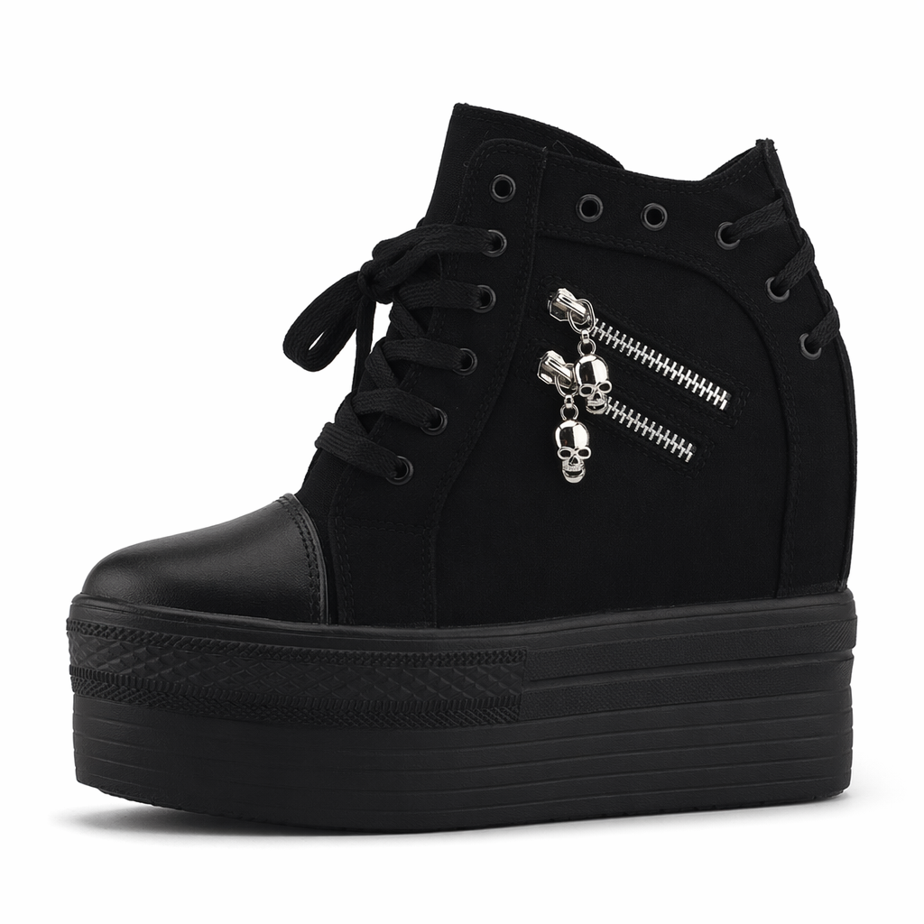 Chunky Wedge Platform Sneakers with Studs and Skull Zippers Black